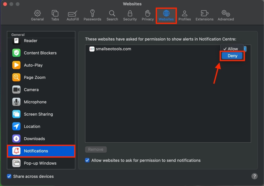 turn off safari notifications macos
