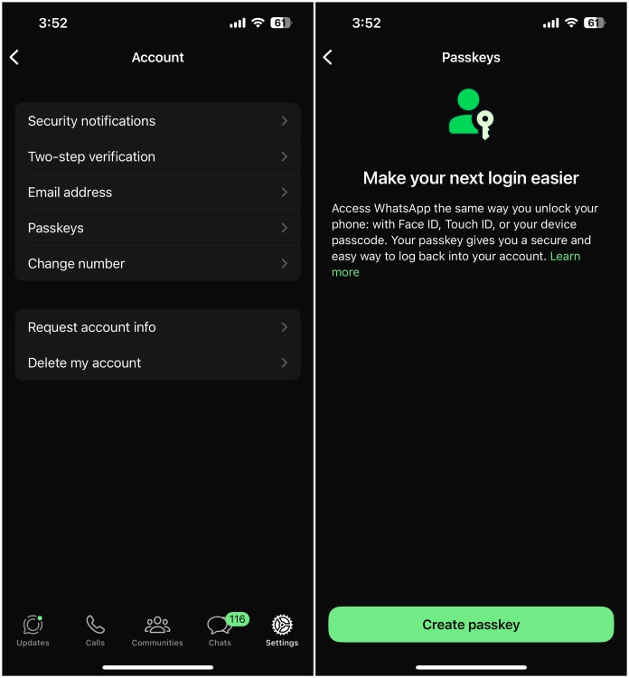 WhatsApp Passkey Support iOS