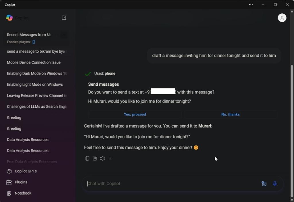 draft a message with copilot and send it to your contact