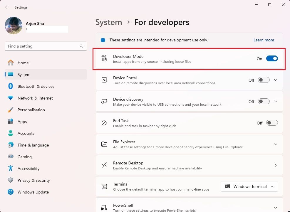 enable developer mode on windows 11