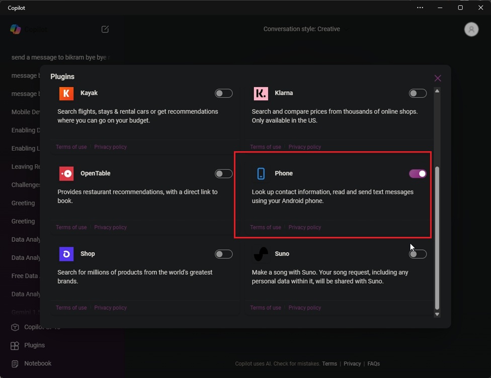 enable phone plugin in windows copilot