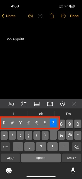 iPhone keyboard shortcut to use Special Symbols