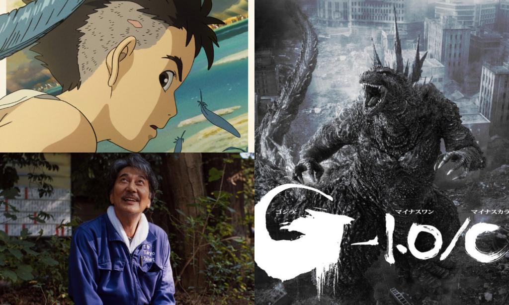 posters of the Boy and the Heron, Godzilla Minus One and Perfect Days