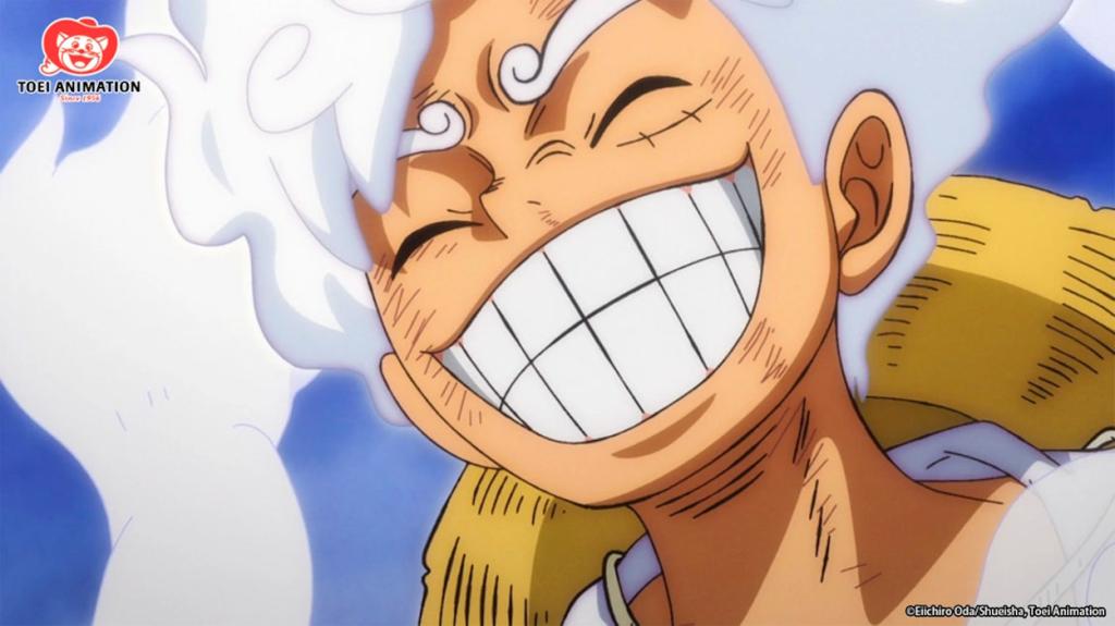 Luffy smiling in gear 5 form in One Piece