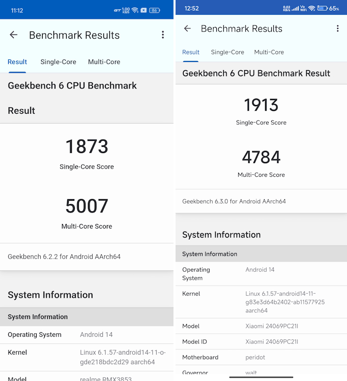 realme gt 6t vs poco f6 geekbench cpu