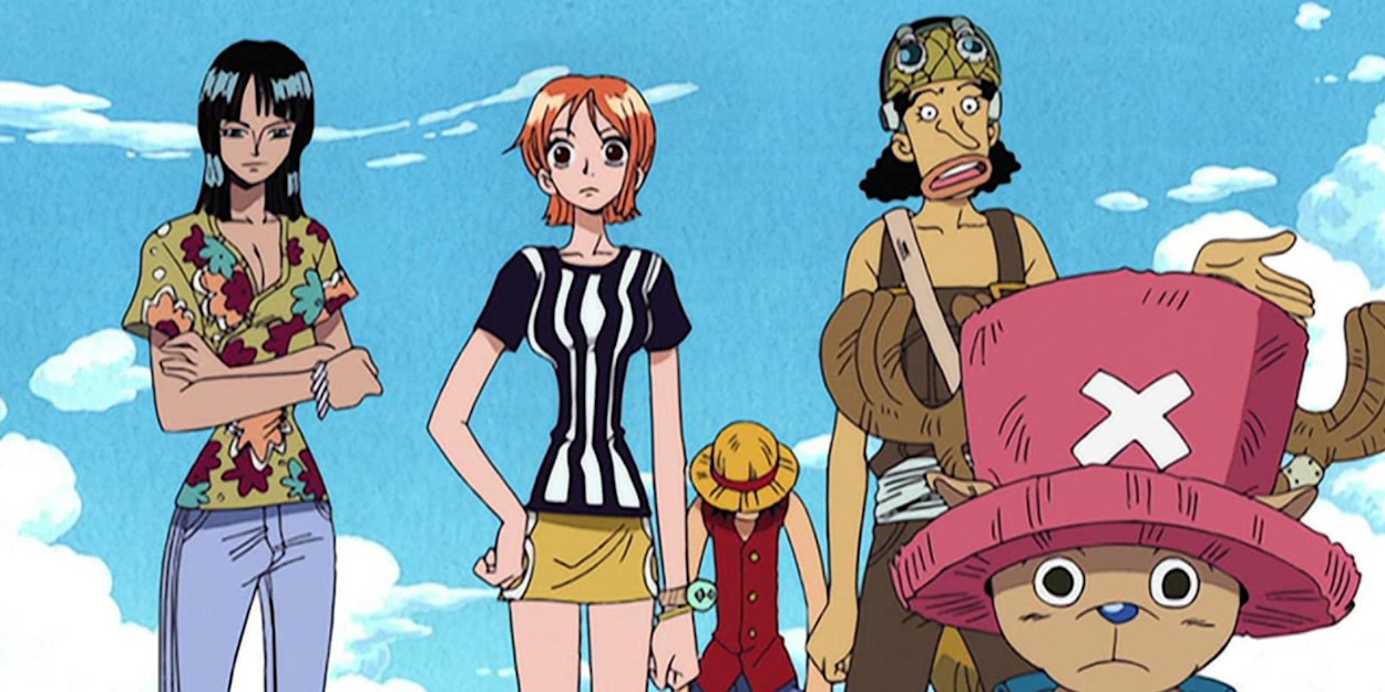 Robin, Nami, Luffy, Usopp, and Chopper heading to Ruluka Island in One Piece anime.