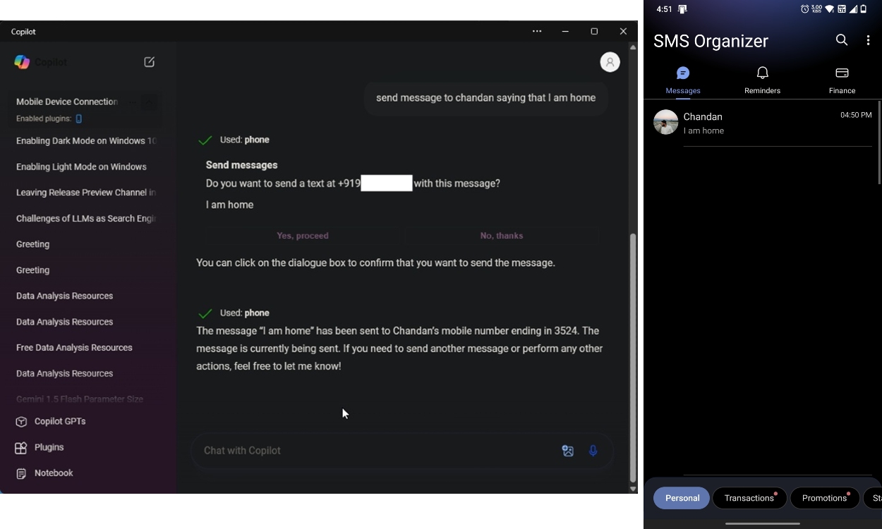 send a message on smartphone using windows copilot