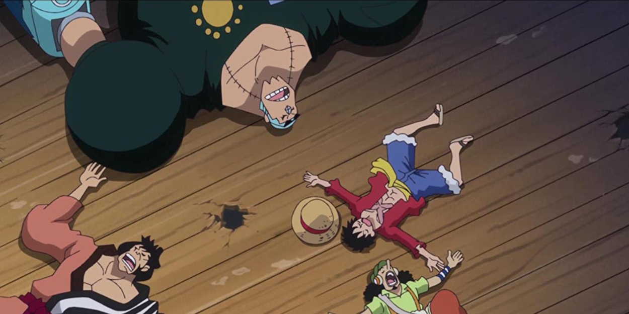 Luffy, Usopp, Franky and Kinemon sleeping in Thousand Sunny ship