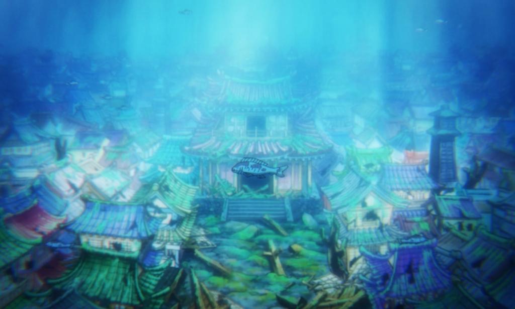 the old Wano Country submerged under water in One Piece