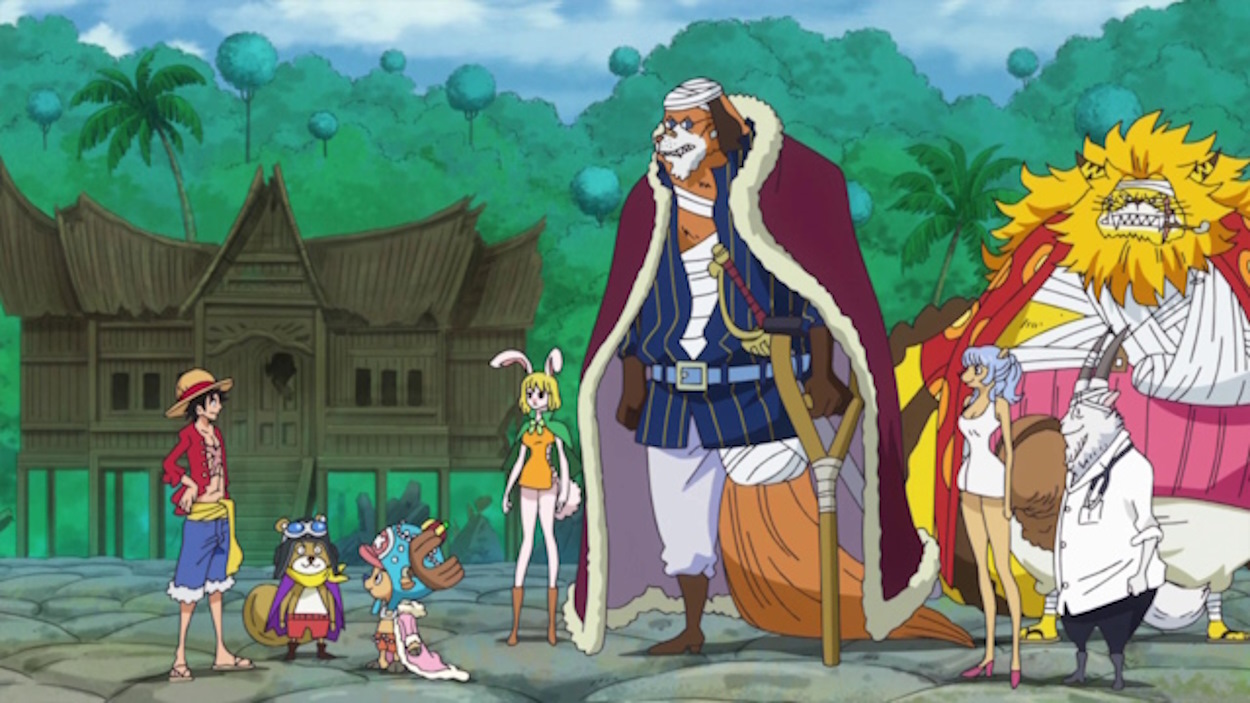 The Straw Hat crew with Nekomamushi and Inuarashi in Zou