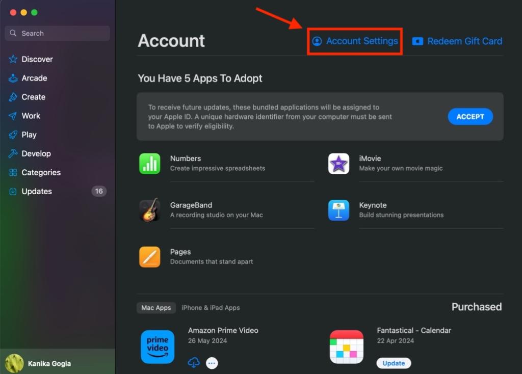 Account Settings in App Store on Mac