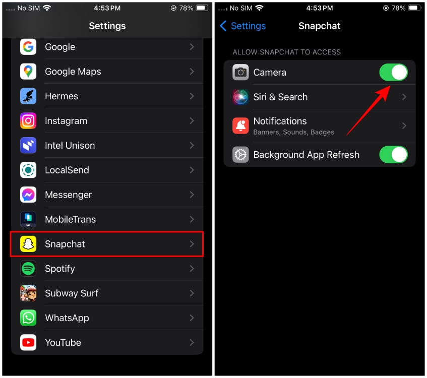Allow Snapchat Camera Access iOS