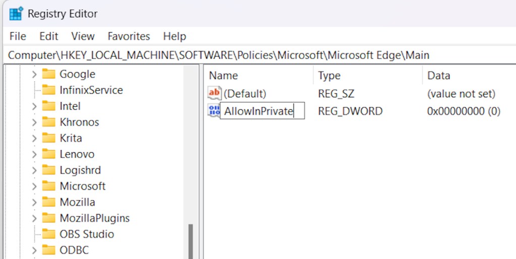 AllowInPrivate key for Microsoft sub key on registry editor