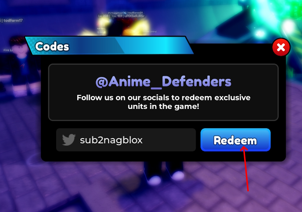 Anime Defenders code redeem button