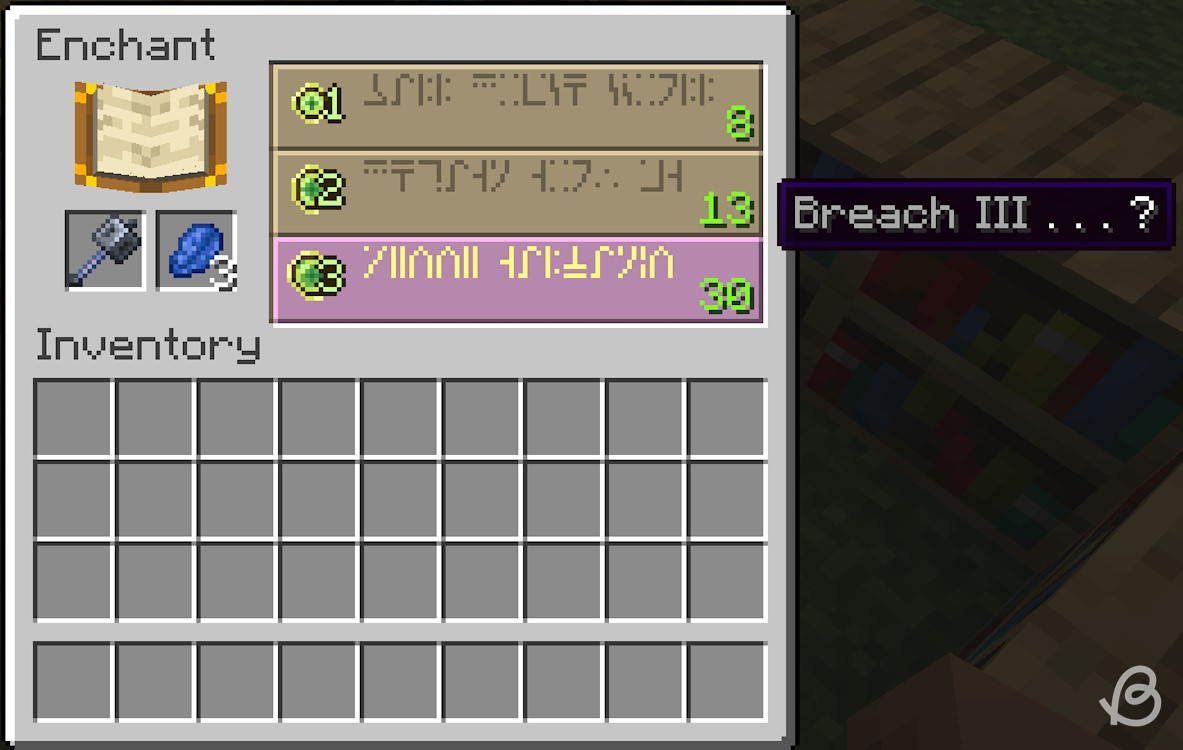 Enchanting a mace with the breach enchantment in the enchanting table in Minecraft