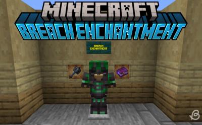 Mace and breach enchanted book in item frames next to netherite armor in Minecraft