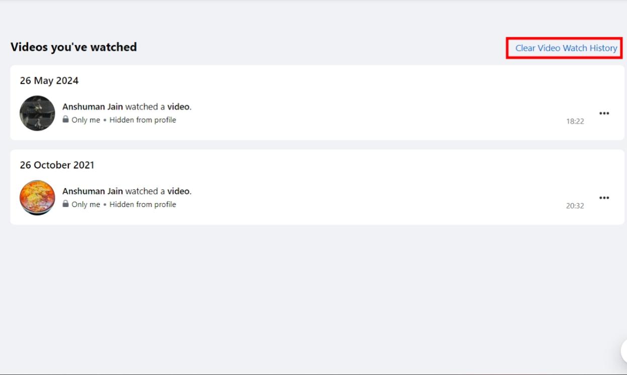 Clear Video Watch History Facebook PC