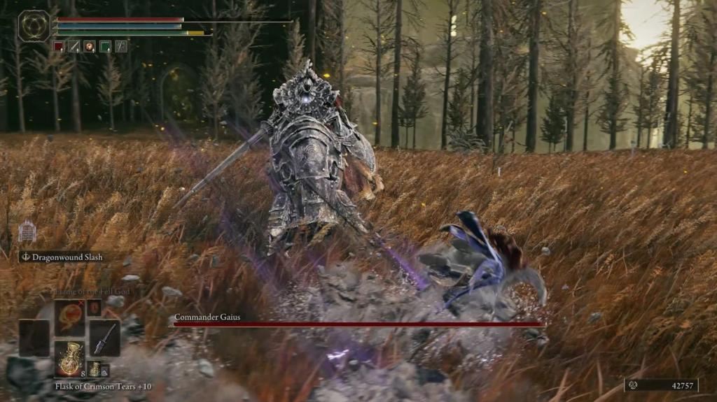 Commander Gaius fighting the player character in Elden Ring Shadow of the Erdtree