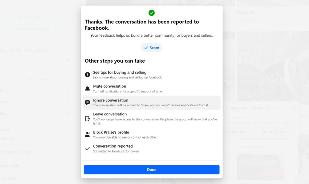 Conversation reported to facebook when scammed on Marketplace