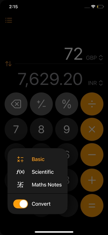 Conversions in Calculator app on iOS 18