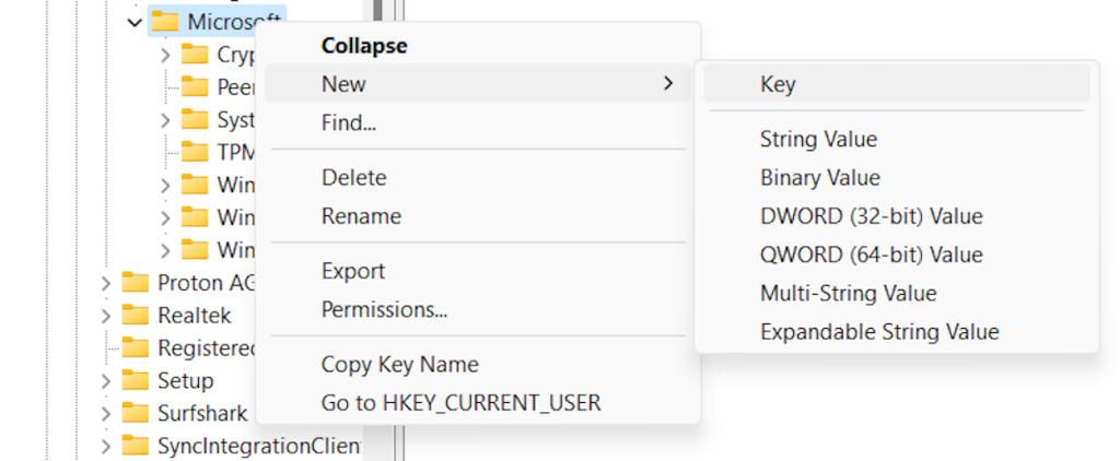 Creating a new sub-key for Microsoft on Registry Editor