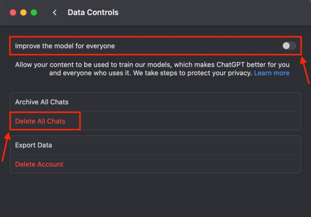 Data Controls in ChatGPT Mac app