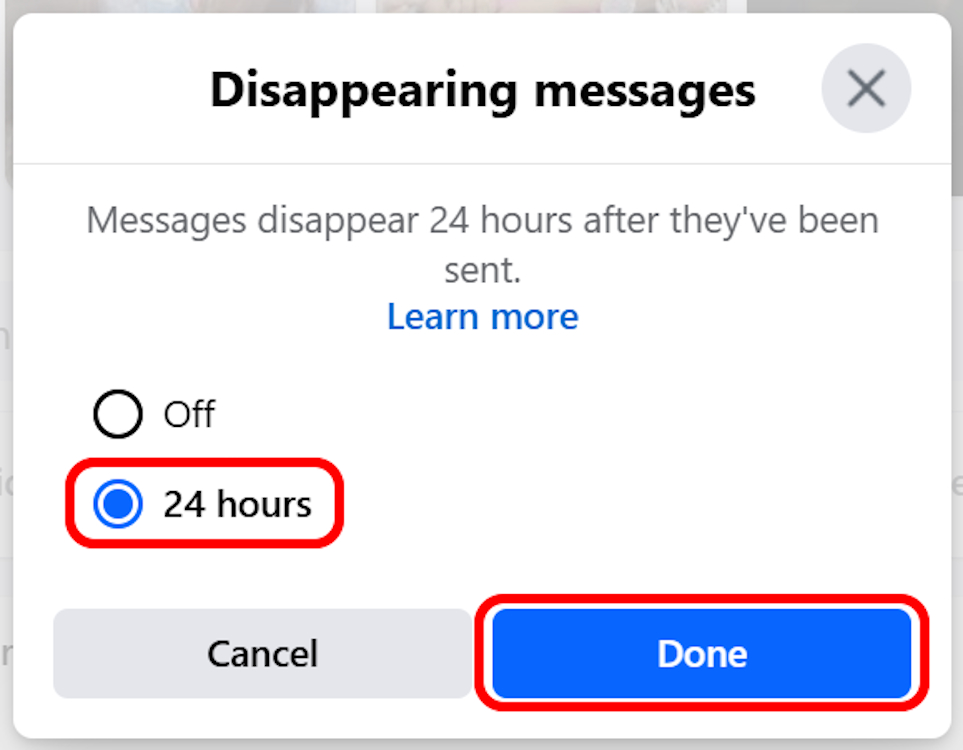 Disappearing Messages toggle on Facebook Web