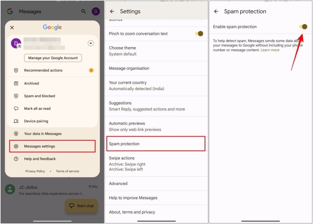 Enable Spam Protection Android to stop spam messages