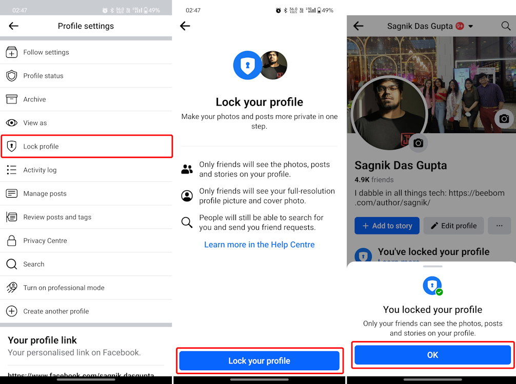 Enabling Facebook Profile Lock on Android