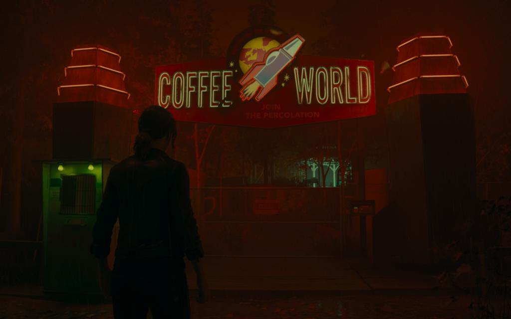 Faden standing in front of Coffee World in AW 2 Night Springs DLC