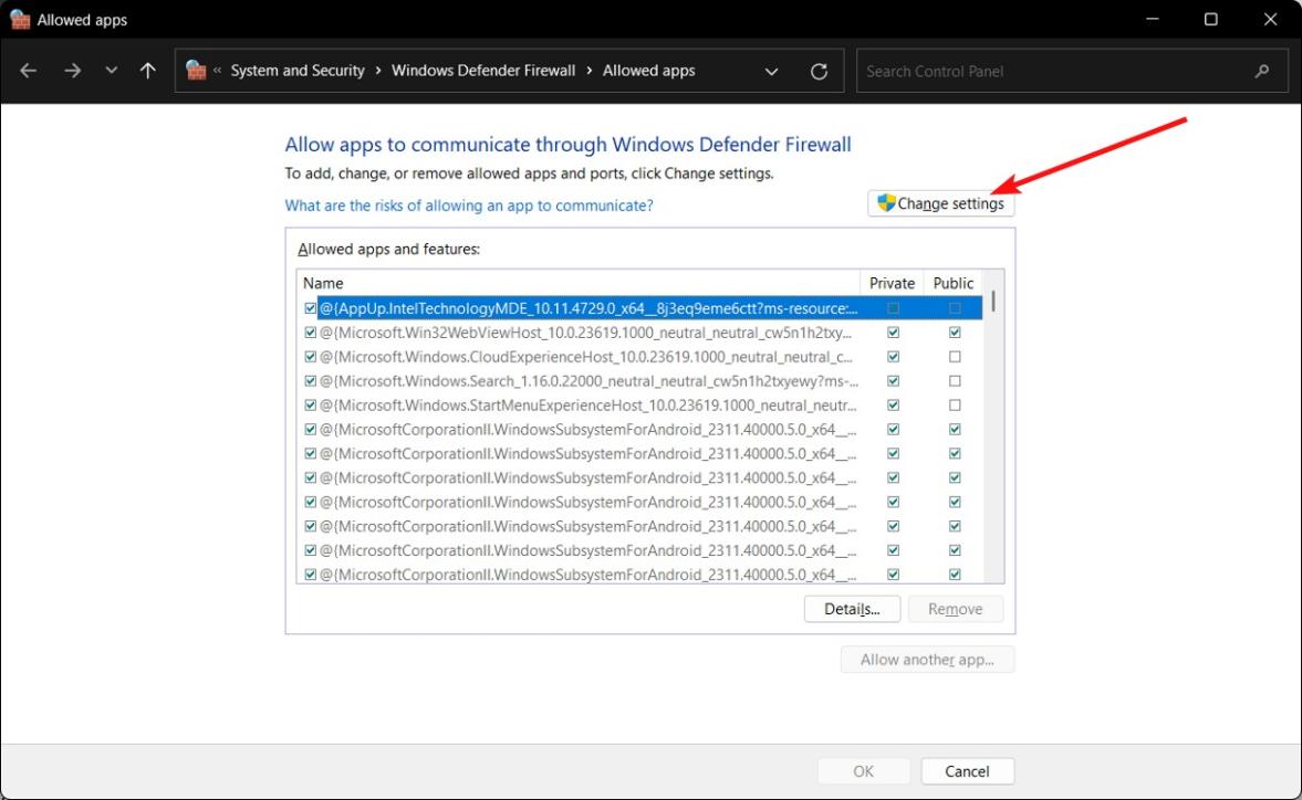 Firewall change settings