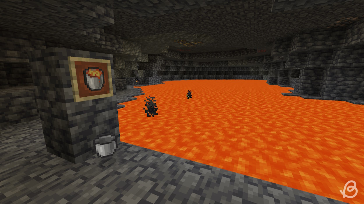 Le seau de lave, qui est l'une des meilleures sources de carburant de Minecraft, se trouve dans un cadre d'objet à côté d'une grande piscine de lave