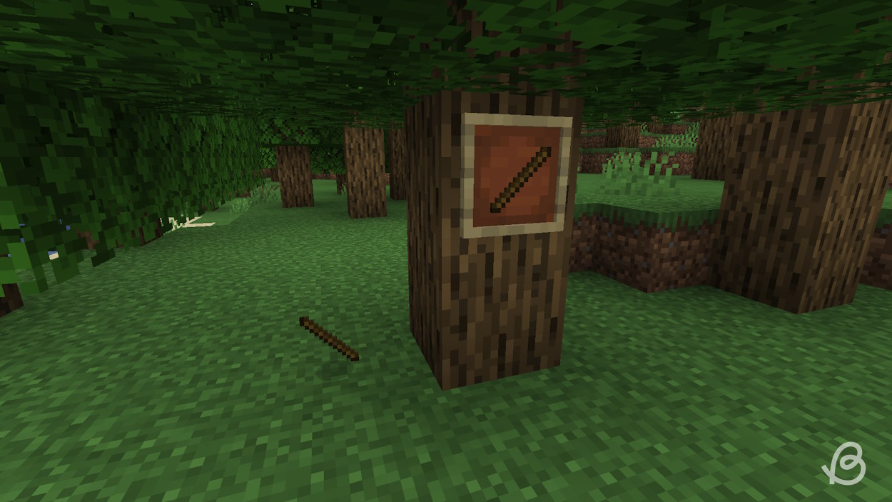 Stick fuel source in an item frame in a forest in Minecraft