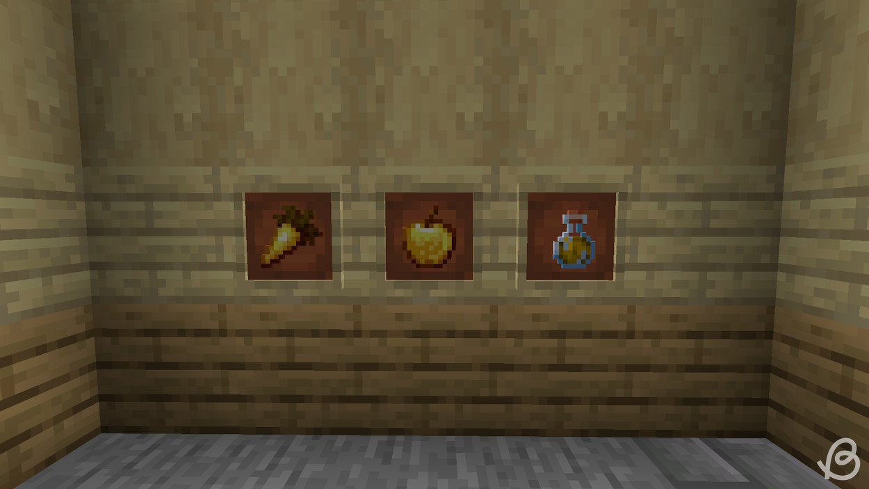 Golden carrot, golden apple and strength potion in item frames
