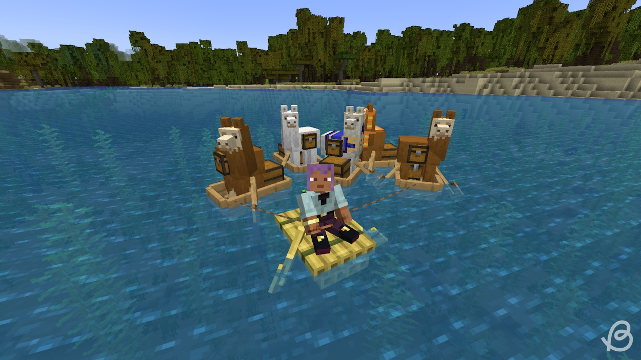 Player leading several chest boats with llamas inside