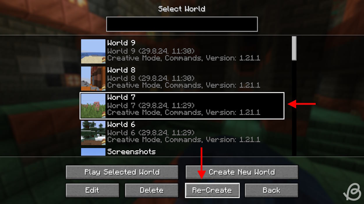 Click on Re-Create button when you select the world