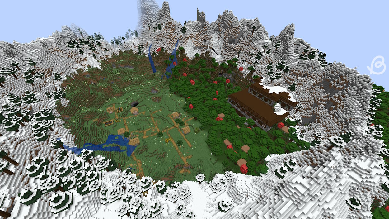 Village and a woodland mansion in a valley in this Minecraft 1.21 seed