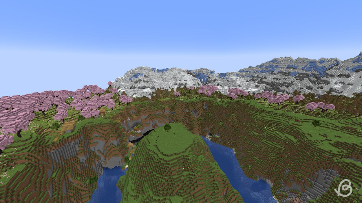 Minecraft 1.21 seed with a large cherry grove and a snowy mountain site for building