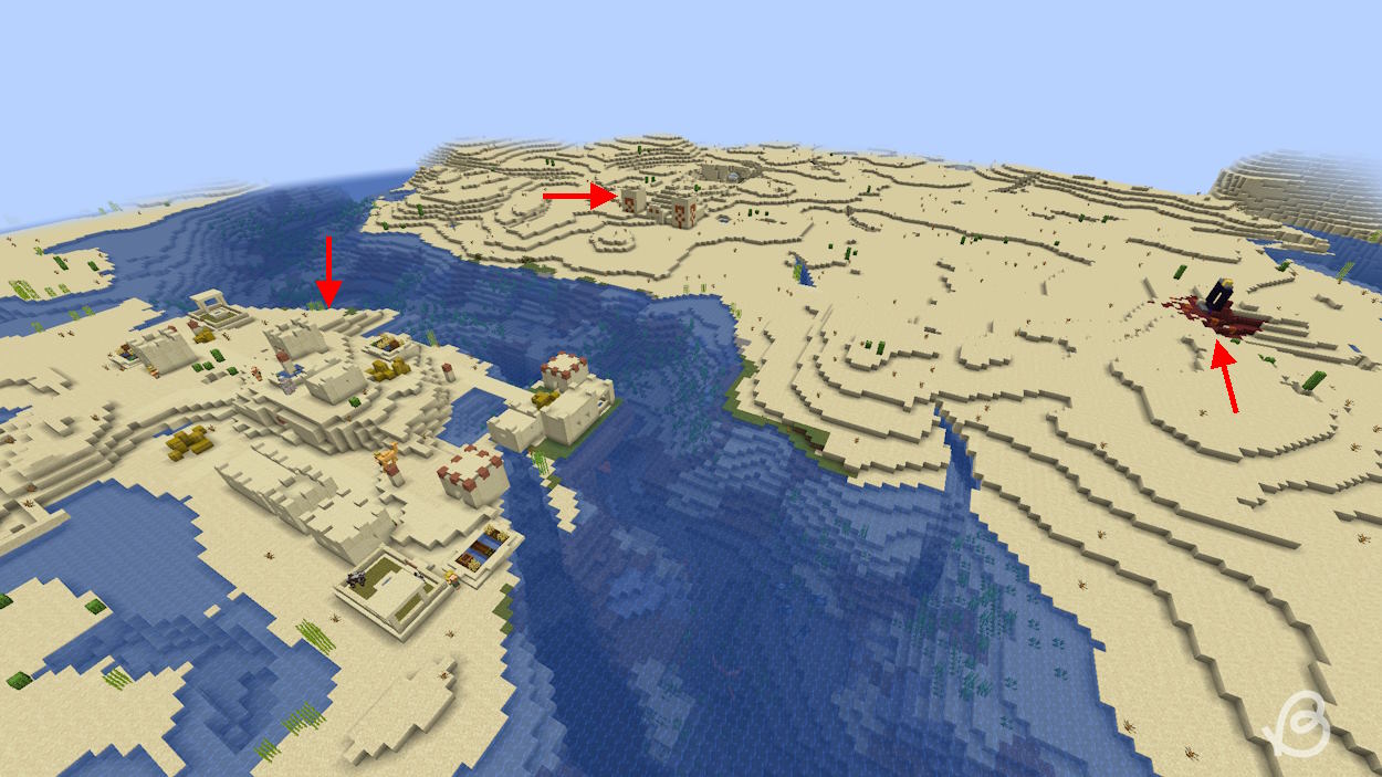 Desert with a village, temple and ruined portal in Minecraft 1.21