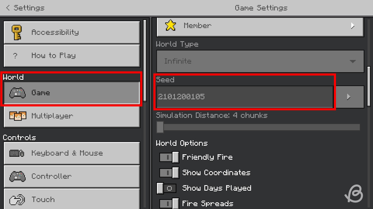 Map seed code on Bedrock edition inside settings