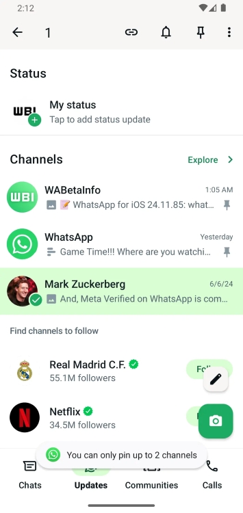 Pin Channels on WhatsApp