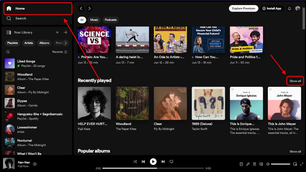 Recently Played section on Spotify Home Screen on the web player