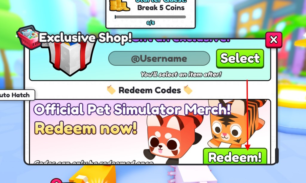 Redeem code section in PS99