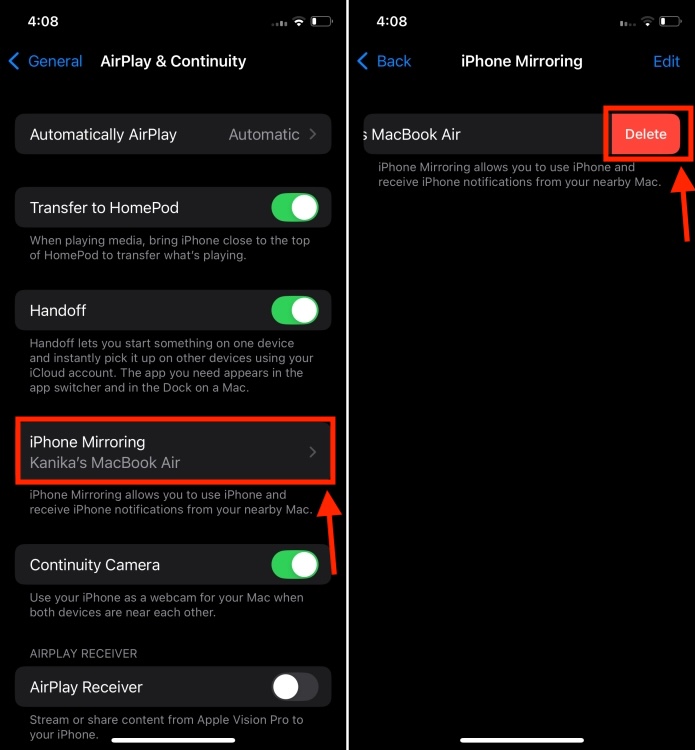 Remove Mac from iPhone Mirroring List