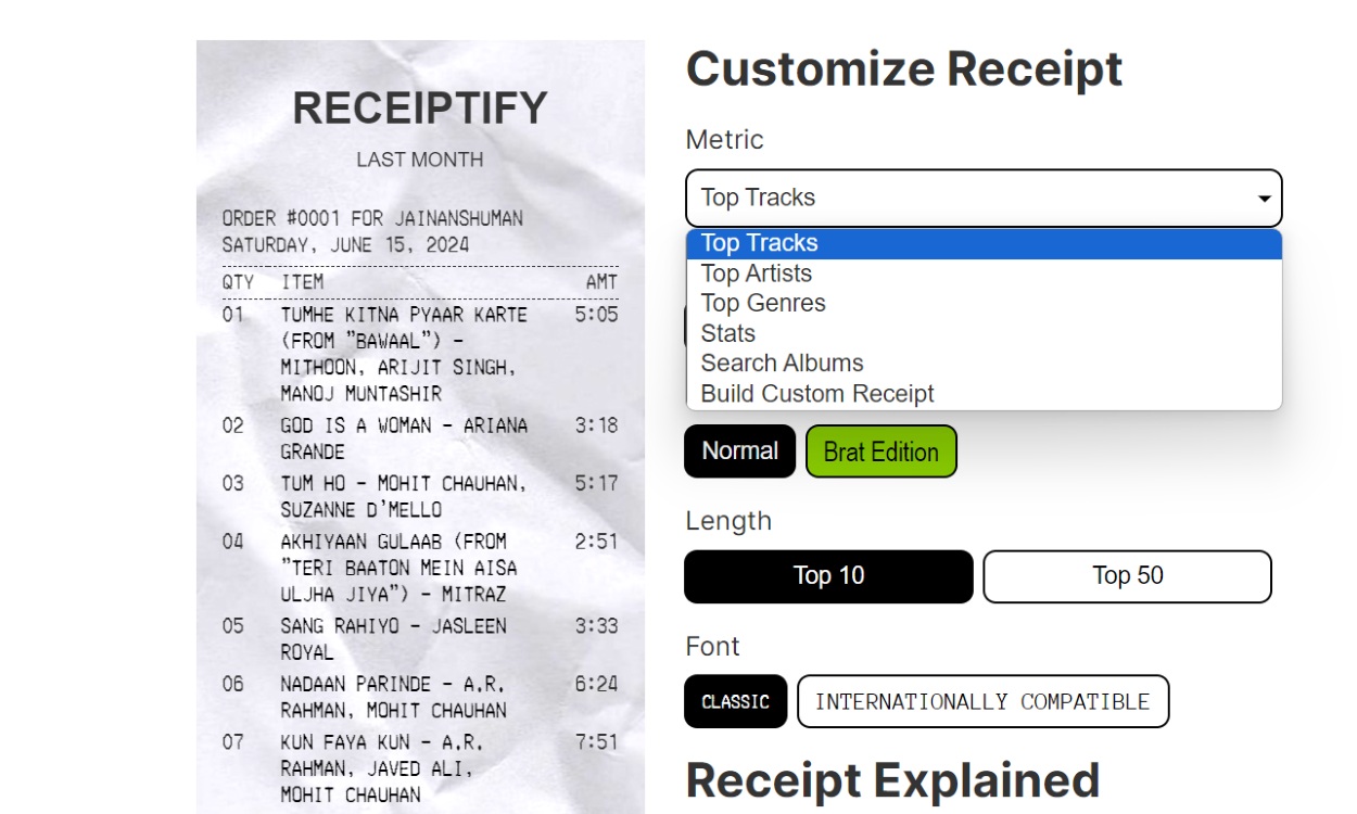 Select Metric for Your Speotify Receipt