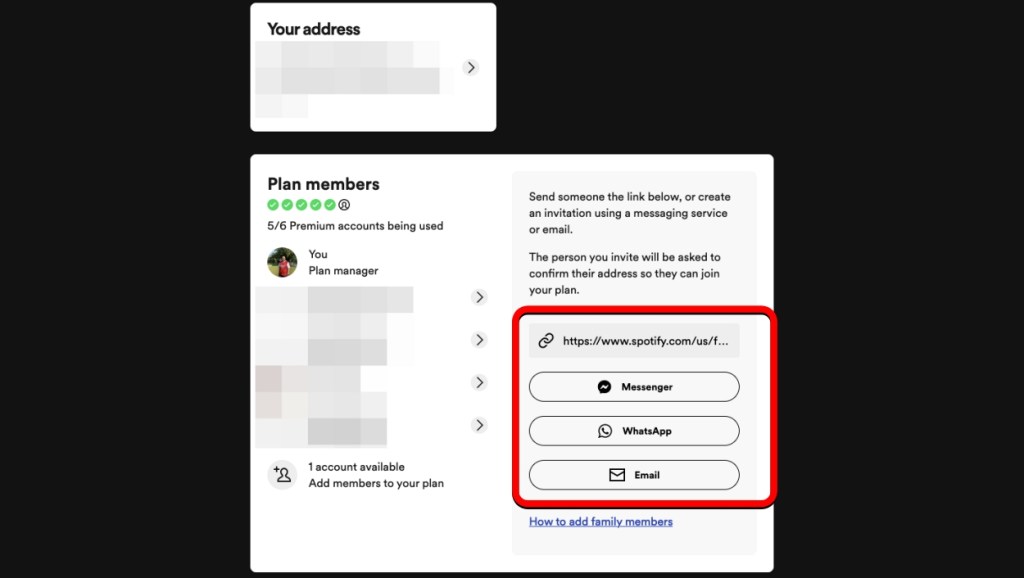 Invite Members using link to Spotify Family Web