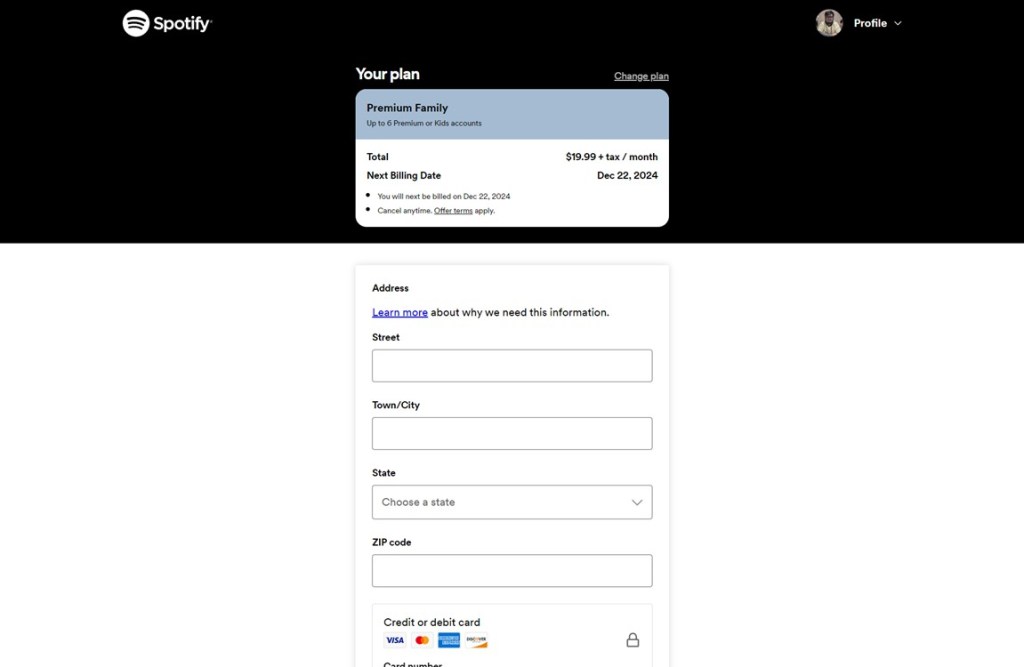 Spotify Premium Family Plan Checkout