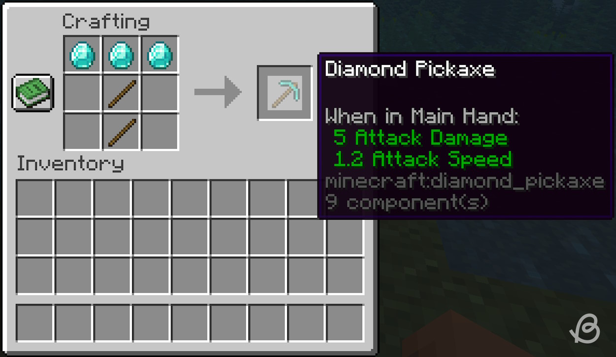 Crafting recipe for a diamond pickaxe