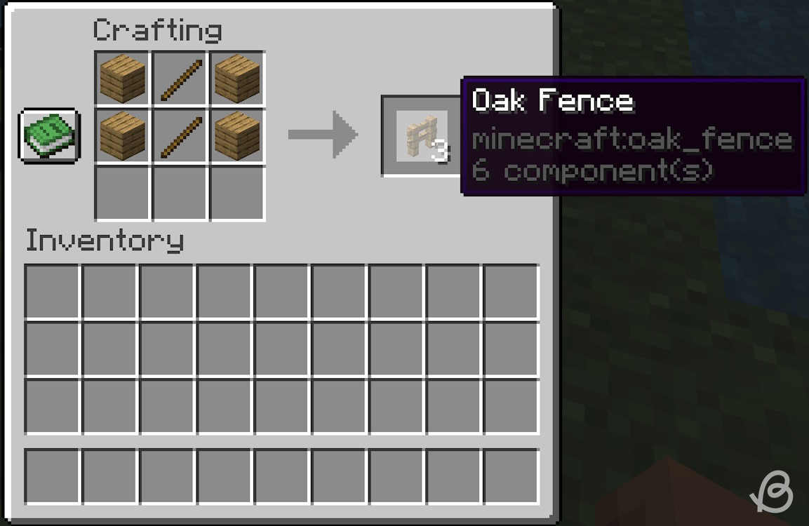 Crafting recipe for an oak fence in Minecraft