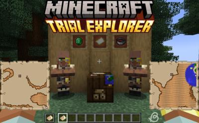 Cartographers standing near a player holding two trial explorer maps in Minecraft 1.21